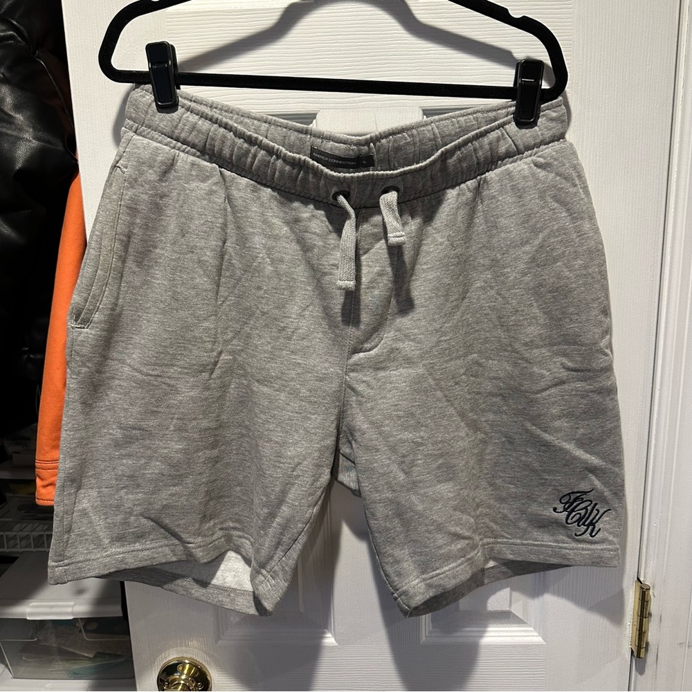 French Connection Sweat Shorts in Heather Grey with Navy Blue Embroidered Logo